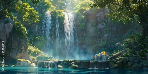 A waterfall with a tranquil pool at the base  surrounded by lush forest and creating a serene  magical atmosphere