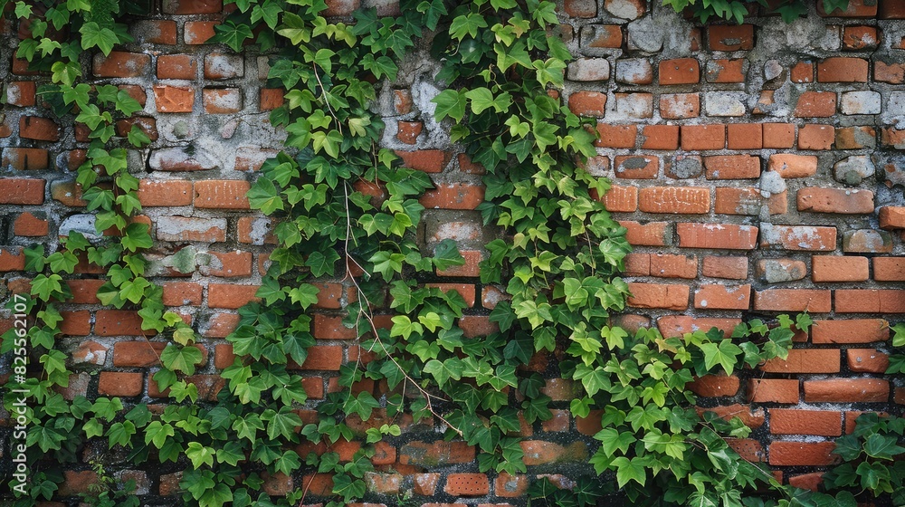 A brick wall with ivy creeping up its surface, creating a picturesque backdrop for outdoor settings. A brick wall with ivy creeping up its surface, creating a picturesque backdrop for outdoor settings.