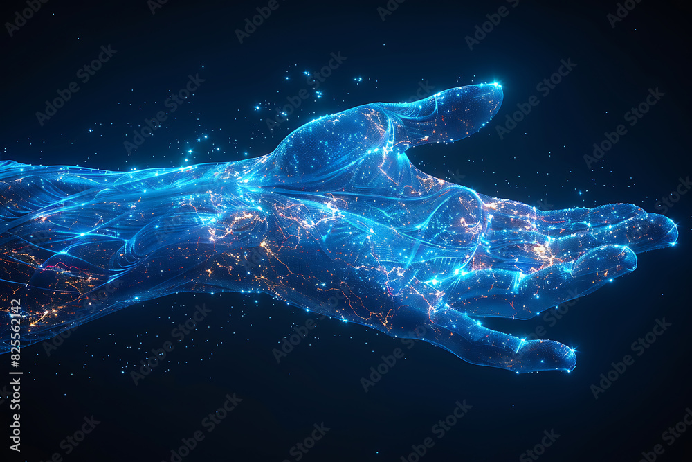 Fototapeta premium A wireframe low poly illustration of human strength featuring a 3D hand with a bent fist, connected by dots, symbolizing physical power and athleticism
