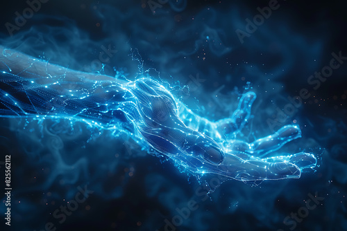 A wireframe low poly illustration of human strength featuring a 3D hand with a bent fist, connected by dots, symbolizing physical power and athleticism