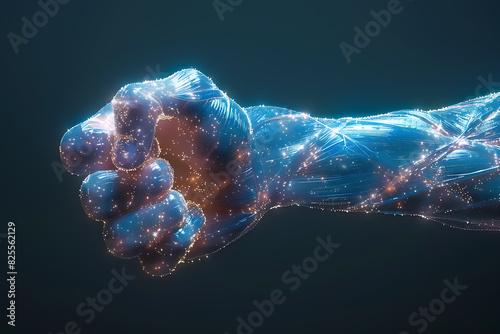 A wireframe low poly illustration of human strength featuring a 3D hand with a bent fist, connected by dots, symbolizing physical power and athleticism photo