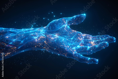 A wireframe low poly illustration of human strength featuring a 3D hand with a bent fist, connected by dots, symbolizing physical power and athleticism © Evhen Pylypchuk