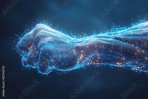 A wireframe low poly illustration of human strength featuring a 3D hand with a bent fist, connected by dots, symbolizing physical power and athleticism