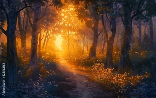 An enchanted forest trail at dawn  where the first light of day bathes the trees in a warm  magical glow