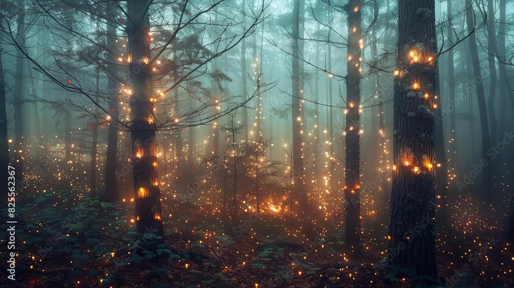 A foggy forest with mysterious lights flickering between the trees, creating an eerie and enchanting atmosphere
