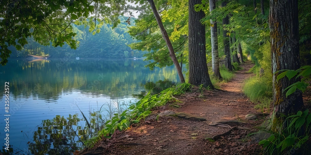 A leafy path leading to a serene lake, with the soft light filtering through the trees and reflecting off the waters surface A leafy path leading to a serene lake, with the soft light filtering through the trees and reflecting off the waters surface