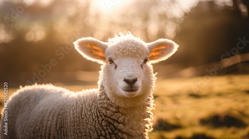 A close-up of a fluffy lamb standing in a sunlit pasture, looking curiously at the camera.