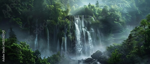 A majestic waterfall surrounded by lush forest  with the sound of rushing water creating a serene and magical atmosphere