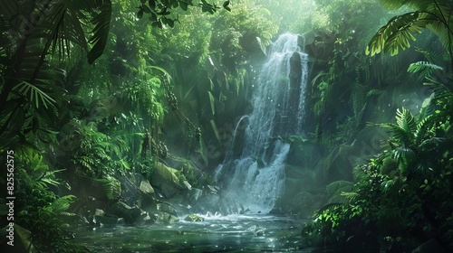 A hidden waterfall in a dense forest, with lush greenery and the sound of rushing water creating a serene, magical atmosphere