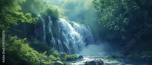 A majestic waterfall surrounded by lush forest, with the sound of rushing water creating a serene and magical atmosphere