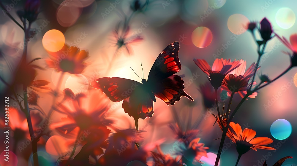 A beautiful butterfly with orange wings and black spots on a blurred background of pink and purple flowers.