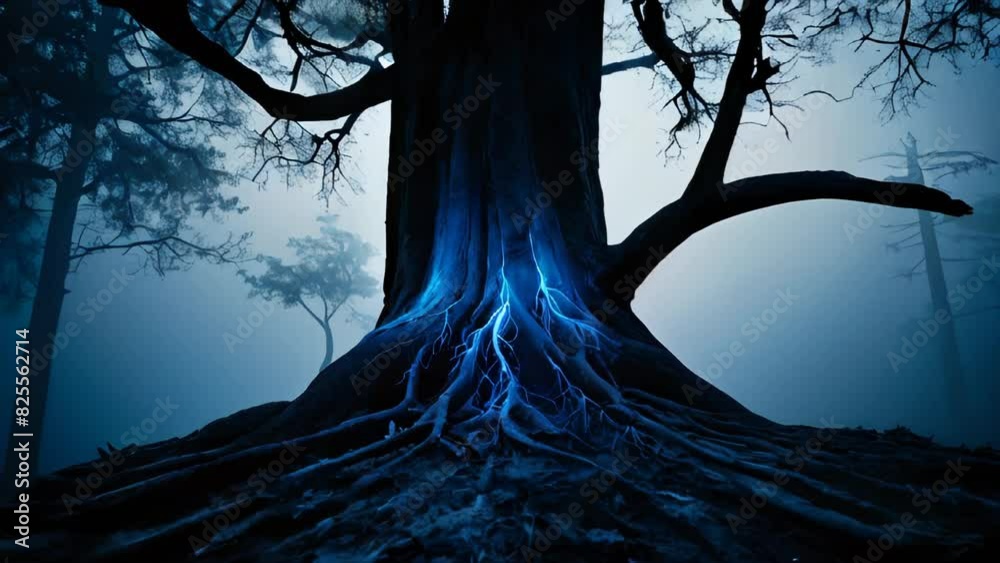 Blue energy roots imbued with energy, abstract background illustration of a tree in the dark