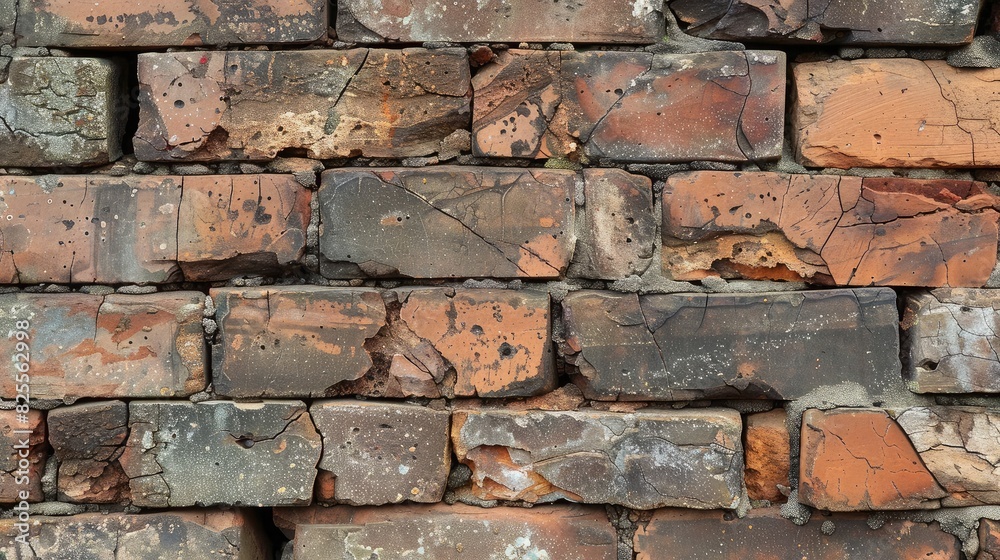 Fototapeta premium A close-up of vintage bricks forming a wall, with cracks and imperfections adding character.