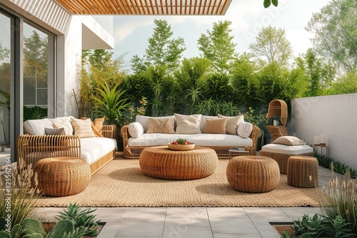 Boho glam outdoor patio with rattan furniture and metallic accents 8k  High quality image.