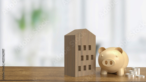 The piggy bank and wood house for property or saving concept 3d rendering..