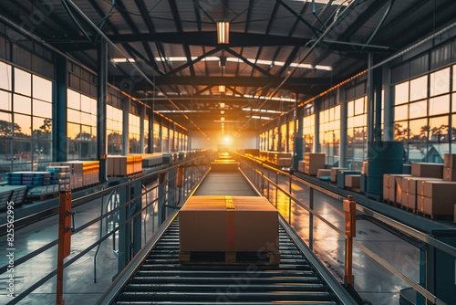 Automated warehouse interior with package sorting conveyor system during sunrise photo