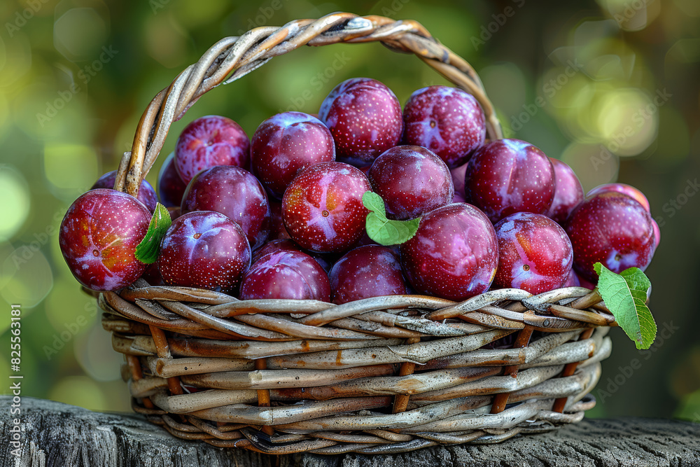A basket brimming with jewel-toned plums freshly plucked from the orchard, their velvety skins a delight to the touch. Concept of plum harvest bounty. Generative Ai. A basket brimming with jewel-toned plums freshly plucked from the orchard, their velvety skins a delight to the touch. Concept of plum harvest bounty. Generative Ai.