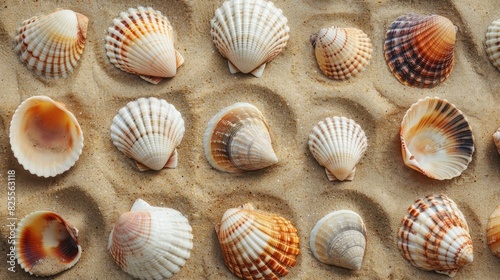 A close-up overhead shot of a collection of seashells arranged in a pattern on the beach sand.