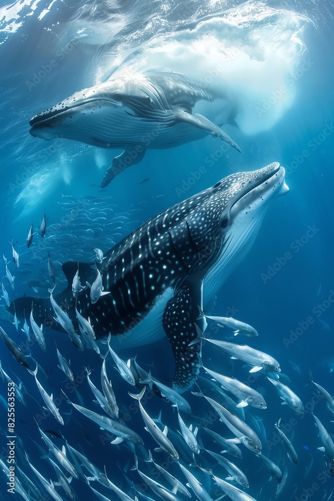 Naklejka premium A kindhearted whale helps a school of fish escape a net