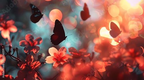 Graceful butterflies hover over delicate petals in a stunning display of natural beauty. photo