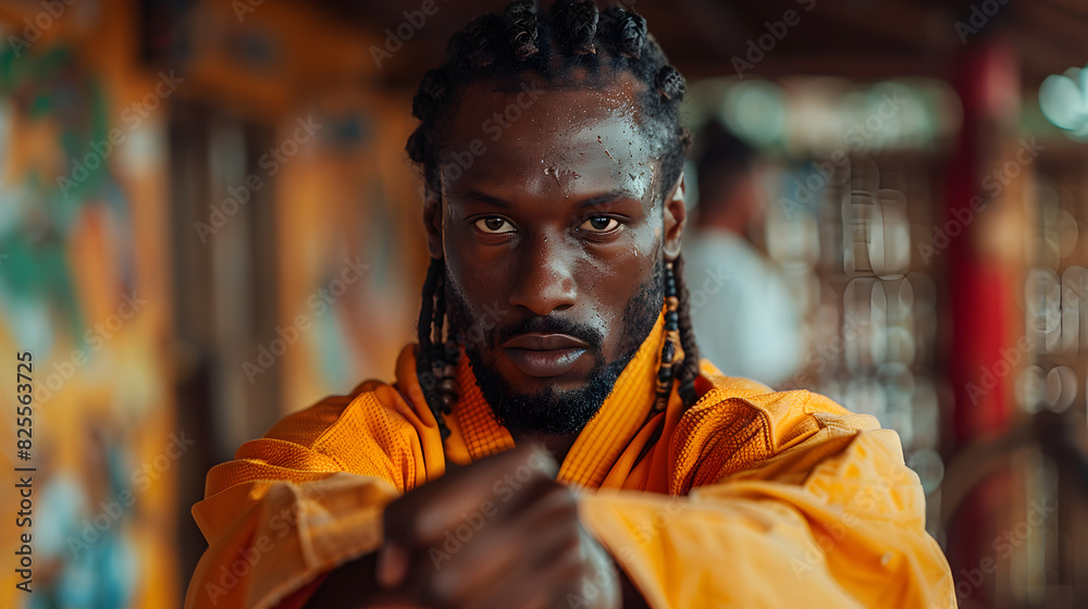Close-up of a Man in a Yellow Robe Performing a Martial Arts Move Close-up of a Man in a Yellow Robe Performing a Martial Arts Move