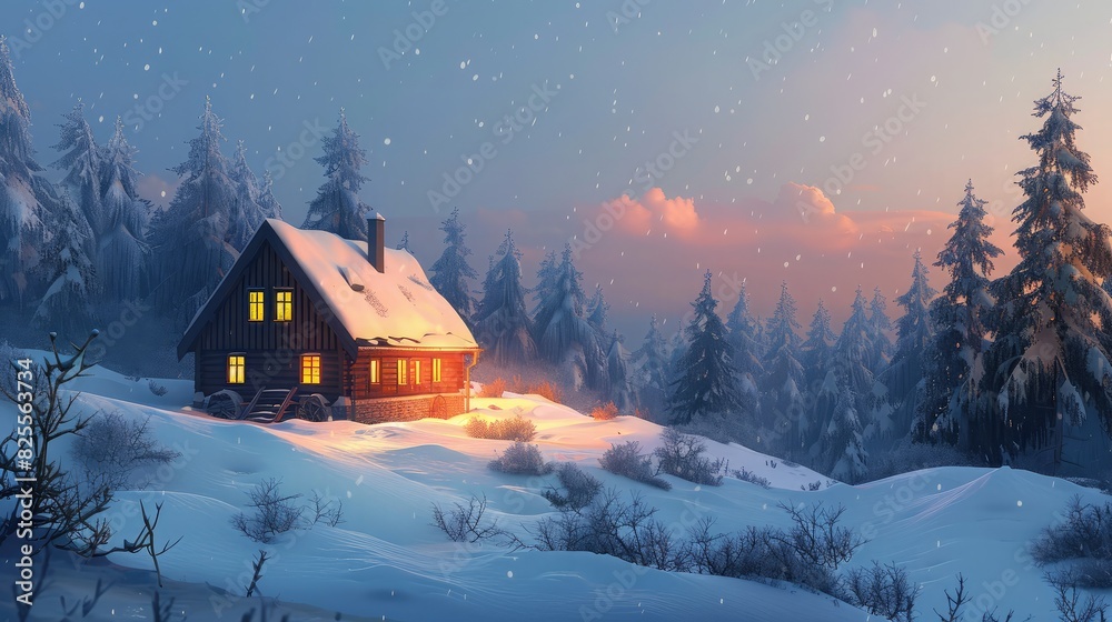 A cozy cabin nestled in a snowy landscape, radiating warmth and coziness during the winter season.
