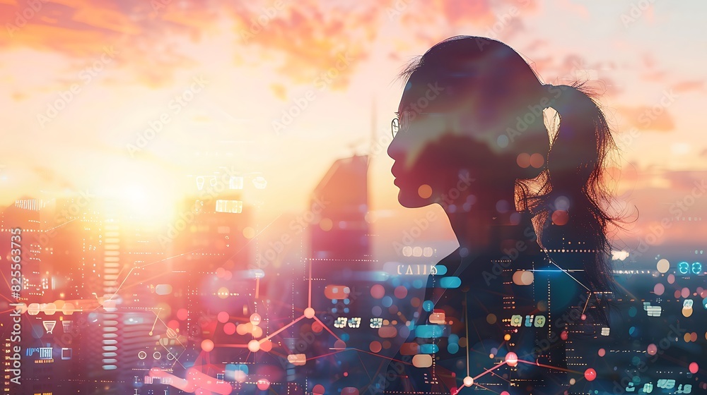 Silhouette of a young woman looking at the sunset over a city.