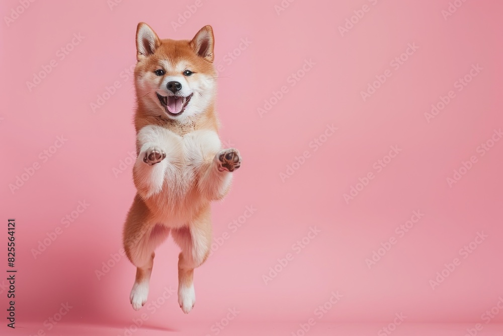 Akita dog Jumping and remaining in mid-air, studio lighting, isolated on pastel background, stock photographic style Akita dog Jumping and remaining in mid-air, studio lighting, isolated on pastel background, stock photographic style