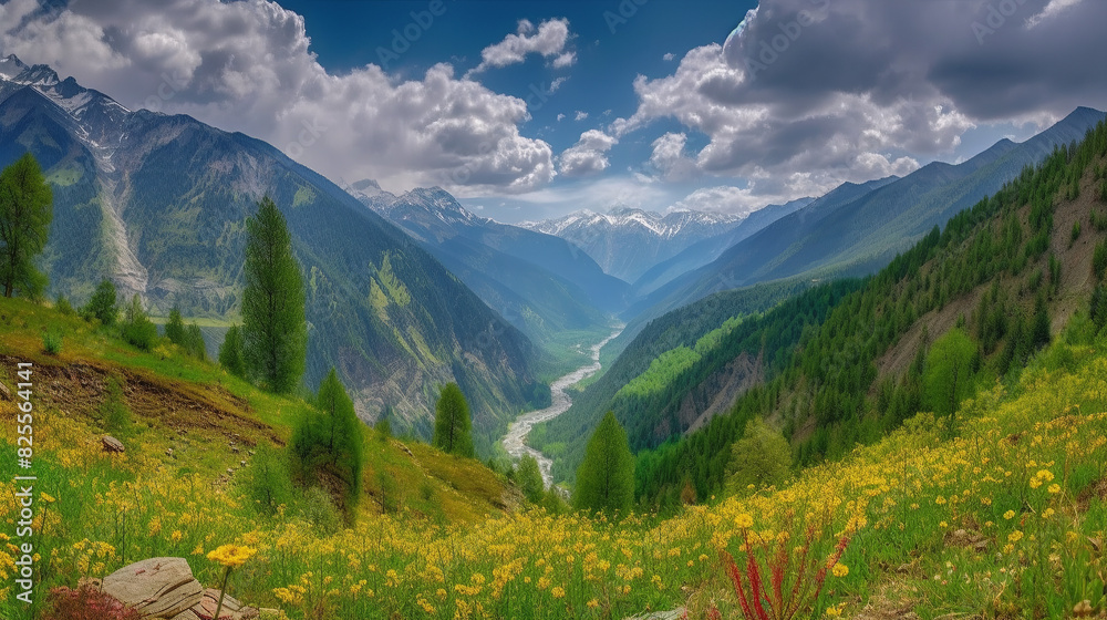 photo-realistic mountain ranges, clear, vivid and bright colors, randomized cloud formations, towering peaks with snow-capped tops, a lush green valley below with a winding river, scattered pine fores