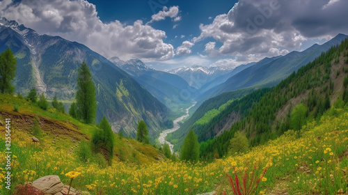 photo-realistic mountain ranges  clear  vivid and bright colors  randomized cloud formations  towering peaks with snow-capped tops  a lush green valley below with a winding river  scattered pine fores