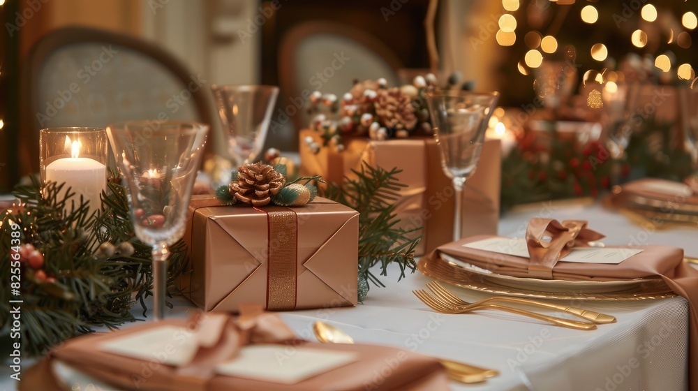 A festive table setting with gift boxes as centerpieces, setting the mood for a special occasion.