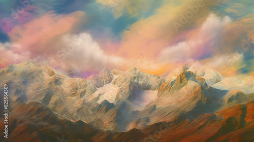 photo-realistic mountain ranges  clear  vivid and bright colors  randomized cloud formations  gently rolling hills transitioning into steep  rugged mountains  patches of golden sunlight breaking throu