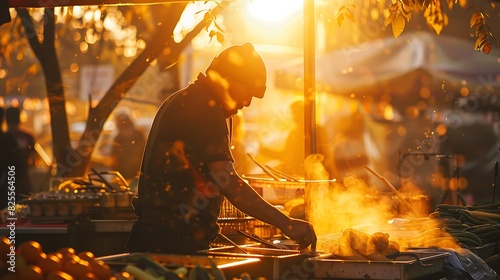 The photo shows a man cooking on a grill in a market with sunlight in the background. photo