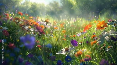 A field of colorful wildflowers swaying in the breeze  creating a picturesque natural scene.