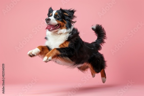 Bernese Mountain Dog dog Jumping and remaining in mid-air, studio lighting, isolated on pastel background, stock photographic style
