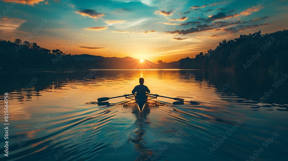 The picture shows a man rowing a boat on a lake at sunset. The sky is orange and the water is calm. The man is alone in the boat, enjoying the peace and tranquility of the moment.