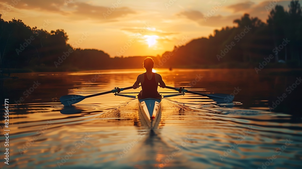 The picture shows a man rowing a boat on a lake at sunset. The sky is orange and the water is calm. The picture shows a man rowing a boat on a lake at sunset. The sky is orange and the water is calm.