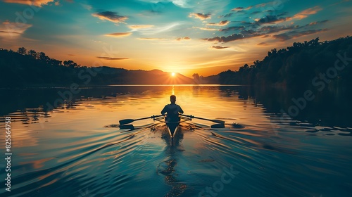 The picture shows a man rowing a boat on a lake at sunset. The sky is orange and the water is calm. The man is alone in the boat  enjoying the peace and tranquility of the moment.