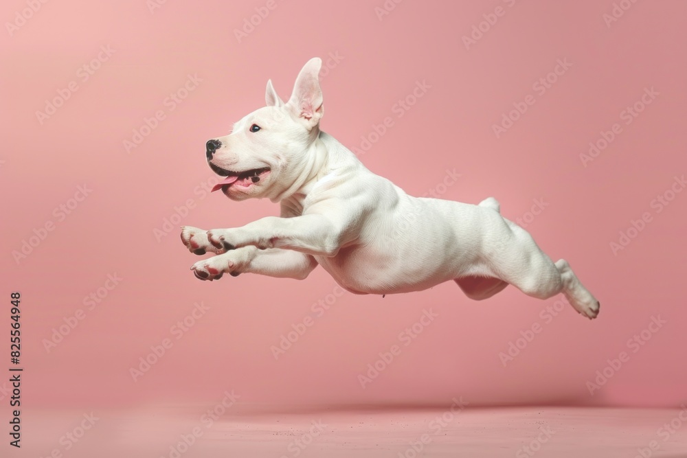 Bull Terrier dog Jumping and remaining in mid-air, studio lighting, isolated on pastel background, stock photographic style Bull Terrier dog Jumping and remaining in mid-air, studio lighting, isolated on pastel background, stock photographic style