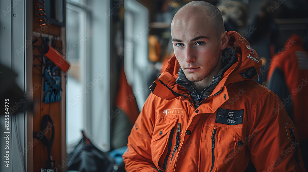 Man in Orange Jacket Standing in a Room with a Window Man in Orange Jacket Standing in a Room with a Window