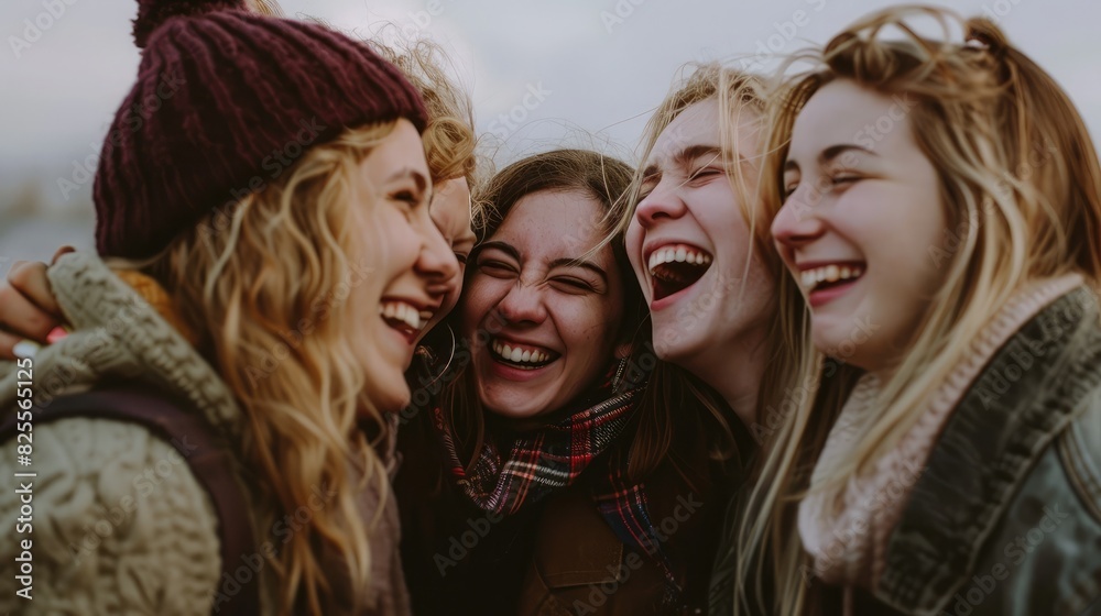 Fototapeta premium A group of friends laughing heartily, sharing a moment of pure joy and camaraderie together.