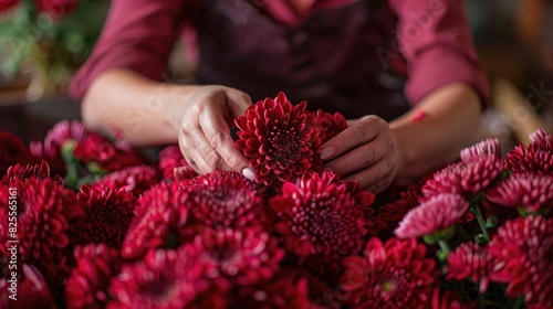 Female flower arranger creates an arrangement of deep red mums photo