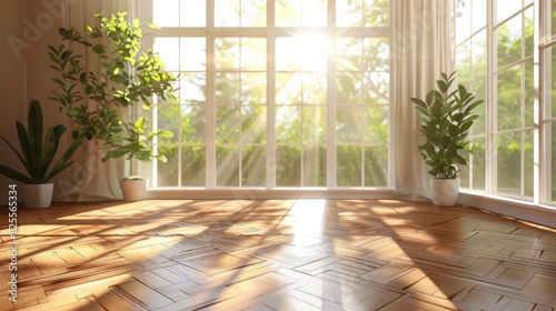 A hardwood floor in a sunlit room with large windows  welcoming natural light and warmth indoors.