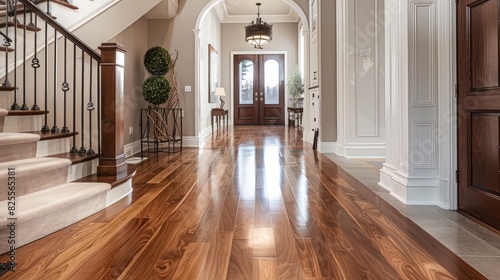 A hardwood floor with glossy finish in a luxurious home  epitomizing timeless sophistication.