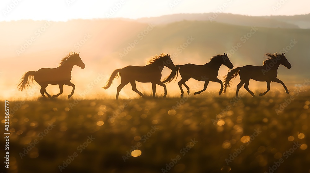 Wild horses running free in the open field at sunset Wild horses running free in the open field at sunset