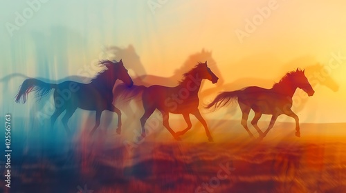 Wild horses running free in the open field at sunset with a blue and orange sky