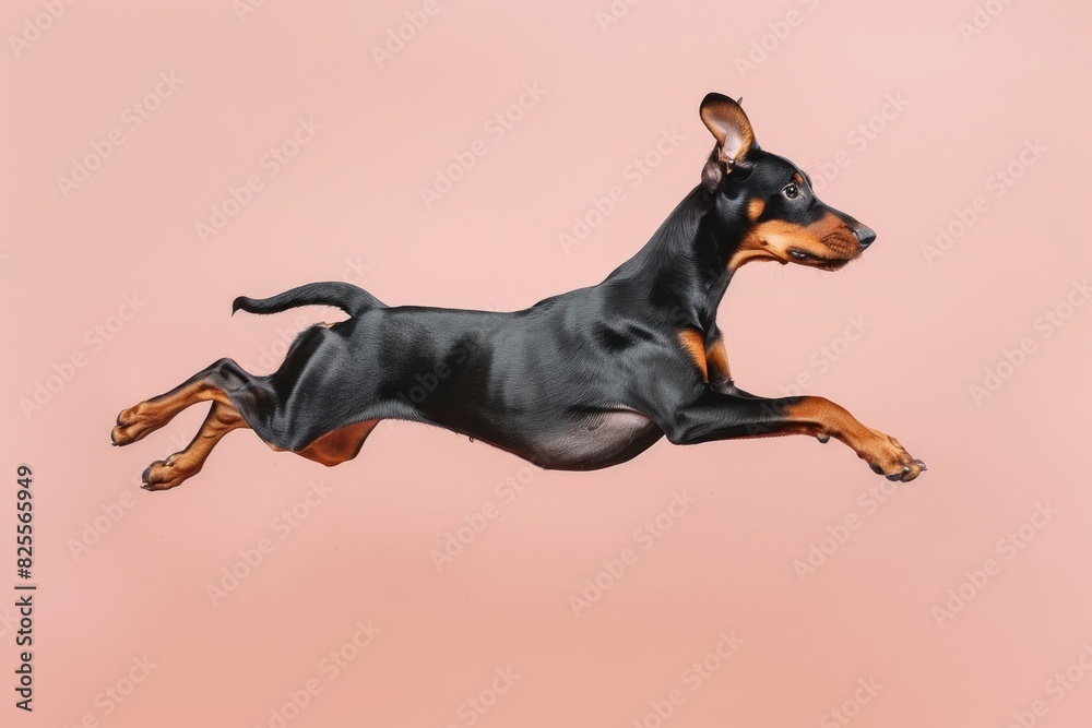 Doberman Pinscher dog Jumping and remaining in mid-air, studio lighting, isolated on pastel background, stock photographic style