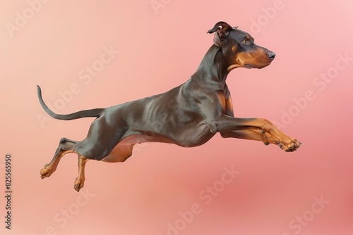 Doberman Pinscher dog Jumping and remaining in mid-air  studio lighting  isolated on pastel background  stock photographic style