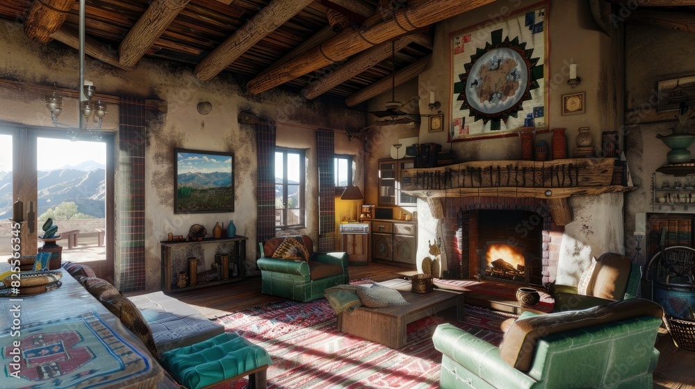 Southwestern Chic Living Room With Turquoise Accents, Navajo Prints, And Leather Sofas, Room Background Photos Southwestern Chic Living Room With Turquoise Accents, Navajo Prints, And Leather Sofas, Room Background Photos