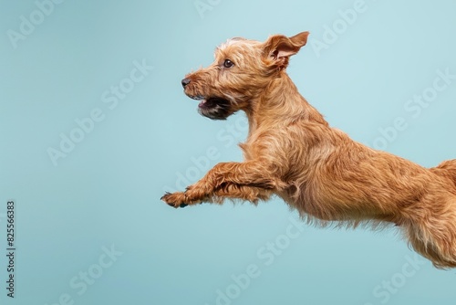 Irish Terrier dog Jumping and remaining in mid-air, studio lighting, isolated on pastel background, stock photographic style © wasan
